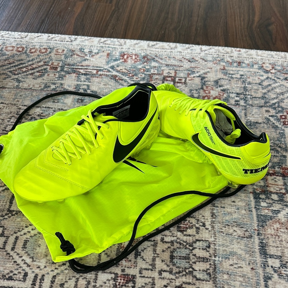 Nike Tiempo Cleats in Bright Yellow. Montebelluna-made. Made in Italy. Rare